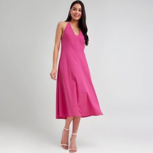 FableStreet Linen Princess Line Dress - Fuchsia