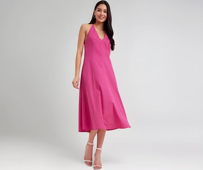 FableStreet Linen Princess Line Dress - Fuchsia